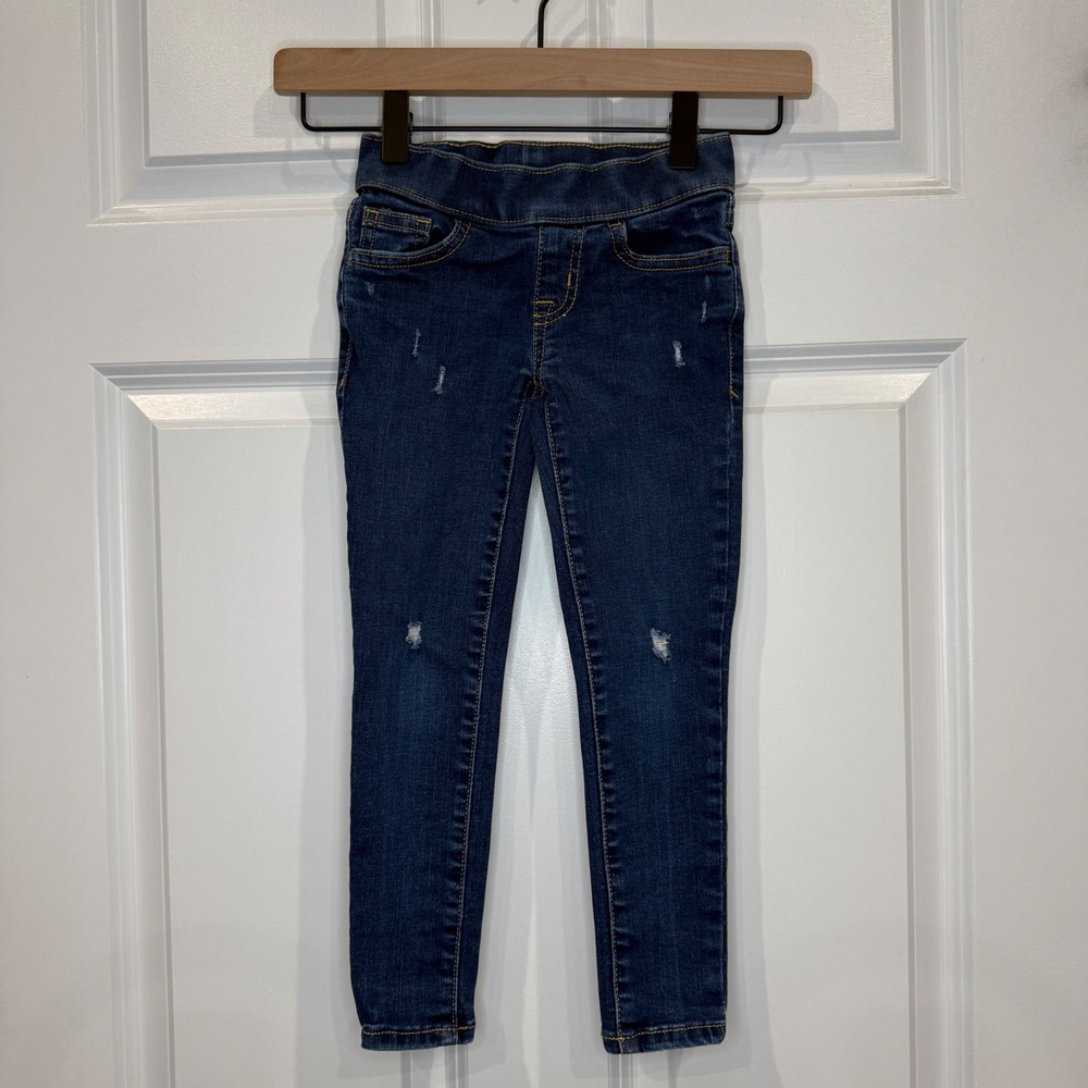 Cat & Jack Girls Dark Wash Distressed Denim Jeggings Size 4 Pull On Skinny Pants